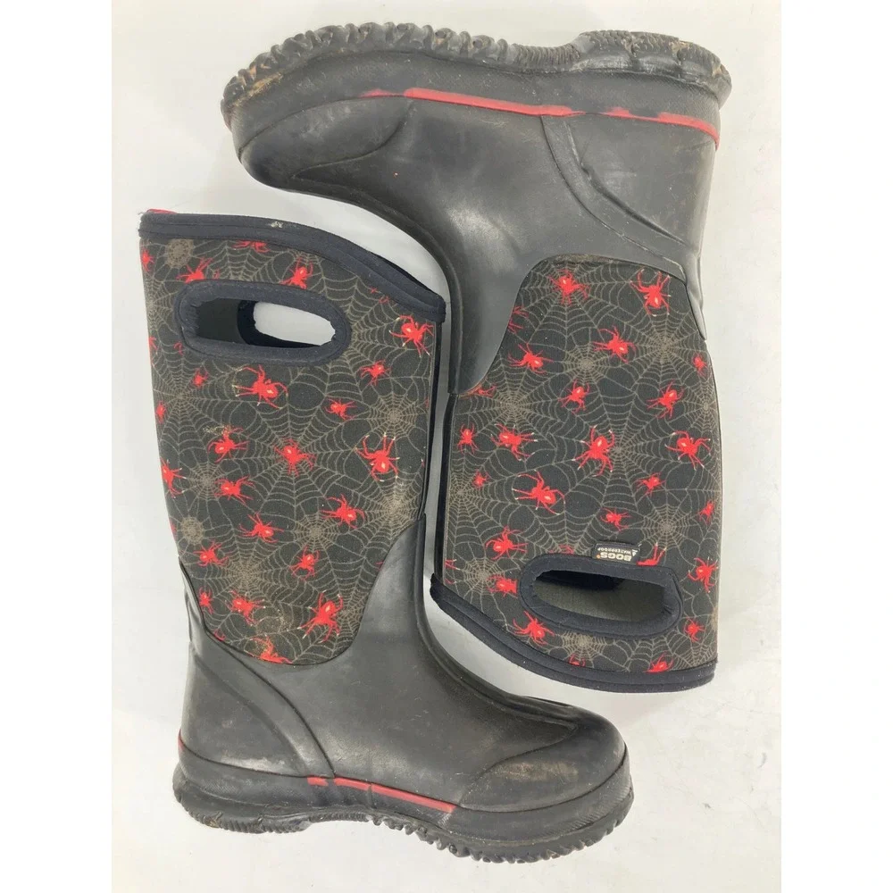 Bogs Classic Creepy Crawl Rain Boots Kids Size 13 Black Red Excellent Spider Web